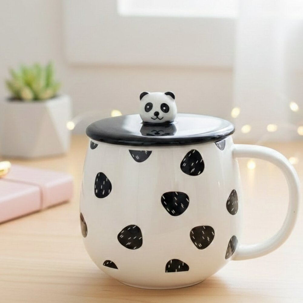 Kawaii Panda Ceramic Mug with 3D Panda Head Lid - White & Black Polka Dot